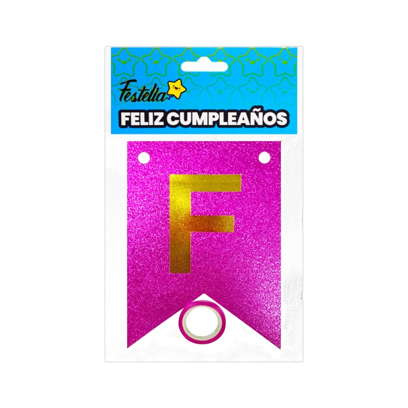 BANDERIN FELIZ CUMPLEAÑOS ESCARCHADO FUCSIA (PQTX12)