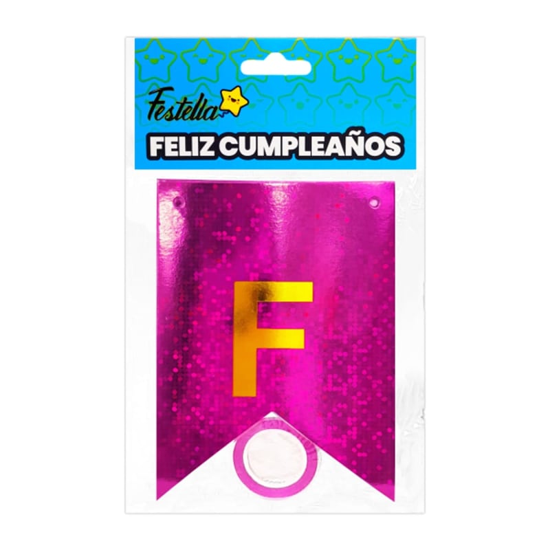 BANDERIN FELIZ CUMPLEAÑOS HOLOGRAMA FUCSIA