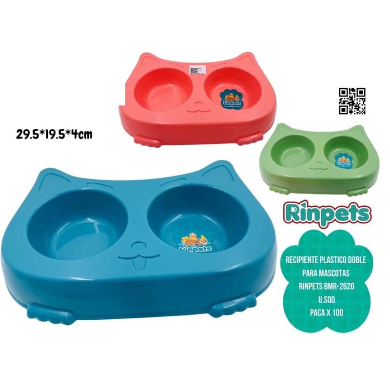 RECIPIENTE PLASTICO DOBLE PARA MASCOTAS 29.5*19.5*4CM RINPETS BMR-2620