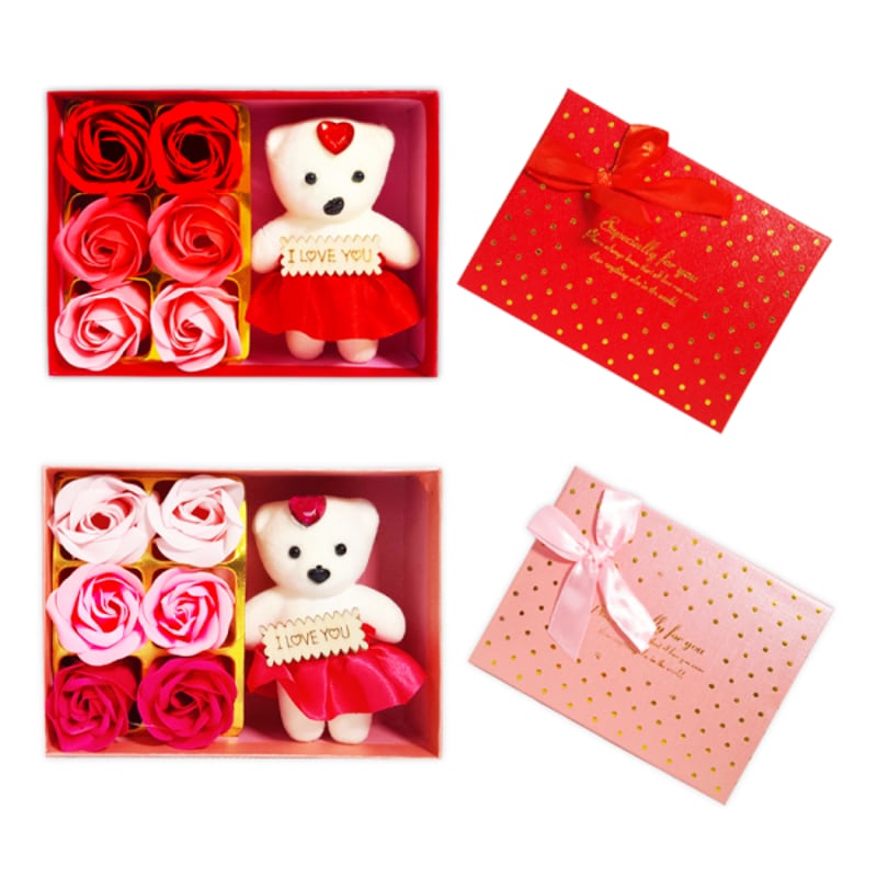 ADORNO ROSAS X6 CON OSO EN CAJA: