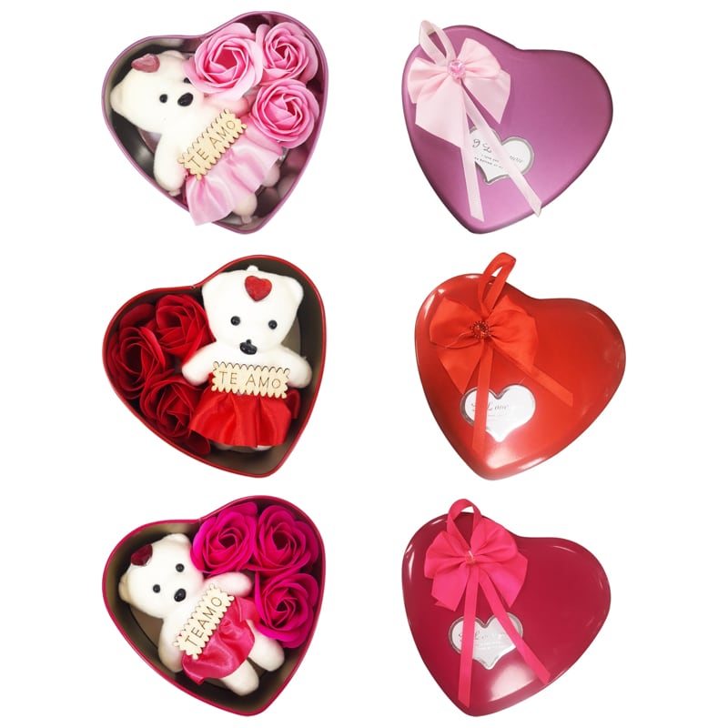 ROSAS CON OSO FELIZ DIA EN CAJA CORAZON METALICA