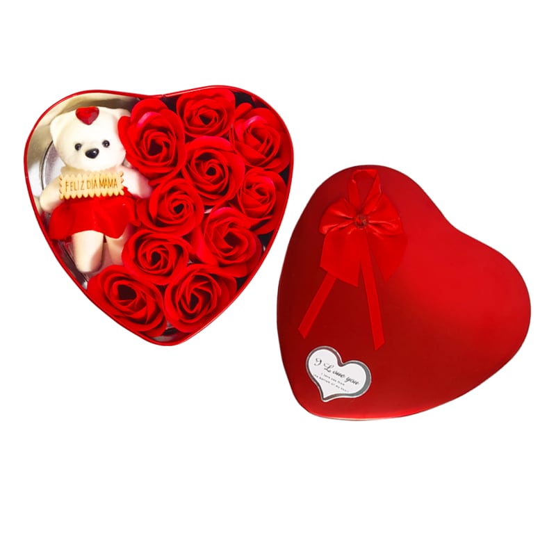 ROSAS CON OSO FELIZ DIA EN CAJA CORAZON METALICA