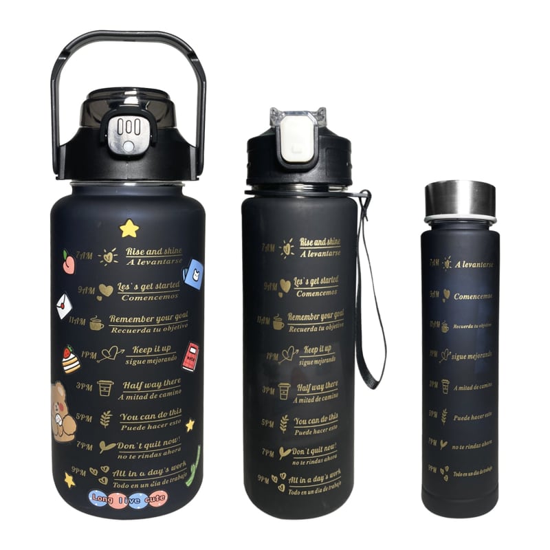 TERMO MOTIVACIONAL NEGRO MATE X3 CON STIKERS Y PINES 2000ML-900ML -300ML