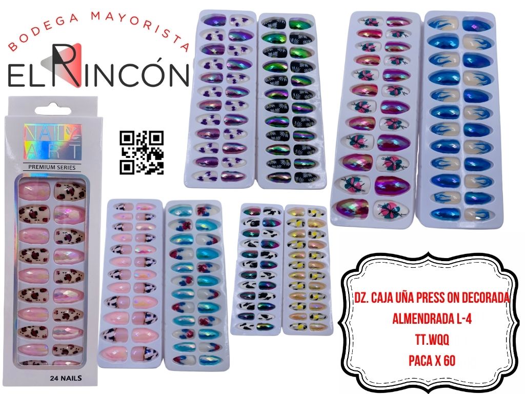 DZ. CAJA UÑA PRESS ON DECORADA ALMENDRADA L-4