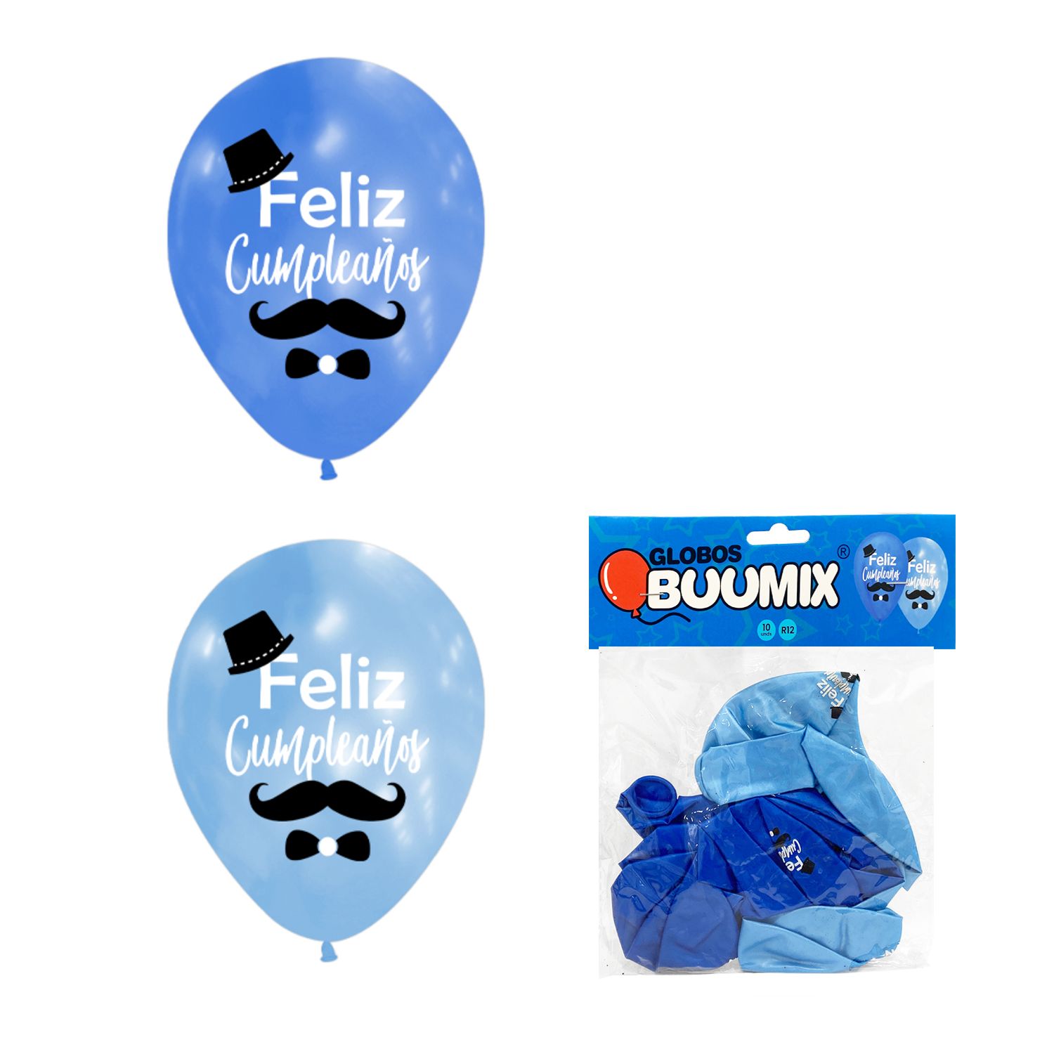 GLOBO DE LATEX BIGOTE FELIZ CUMPLEAÑOS R12X10 AC-A (PQTX12)