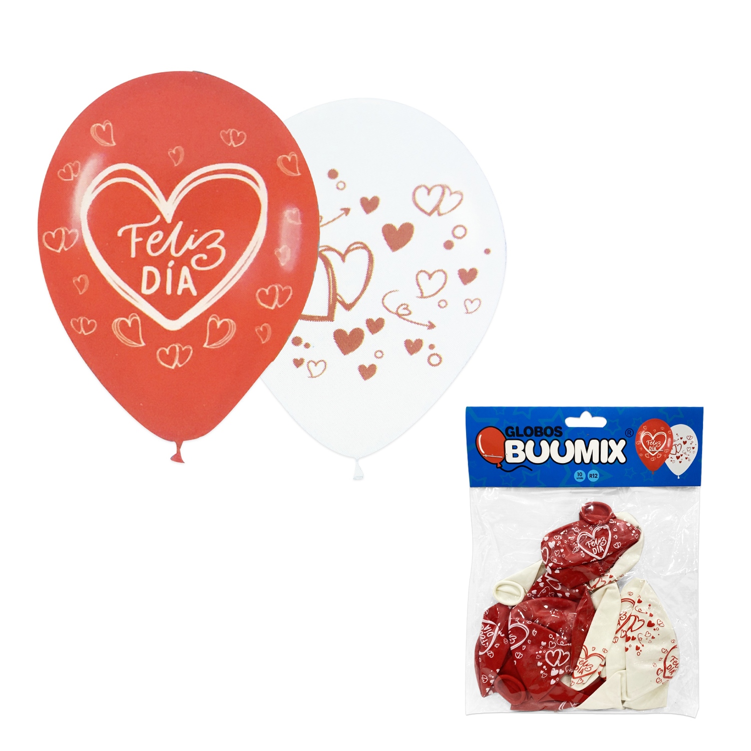 GLOBO DE LATEX CORAZON FELIZ DIA R12 X10 R-B (PQTX12)