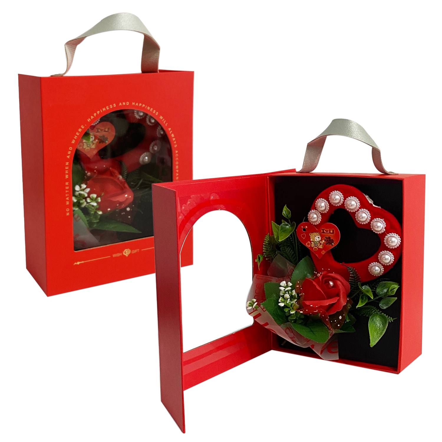 RAMO ROSAS CON CORAZON EN CAJA: