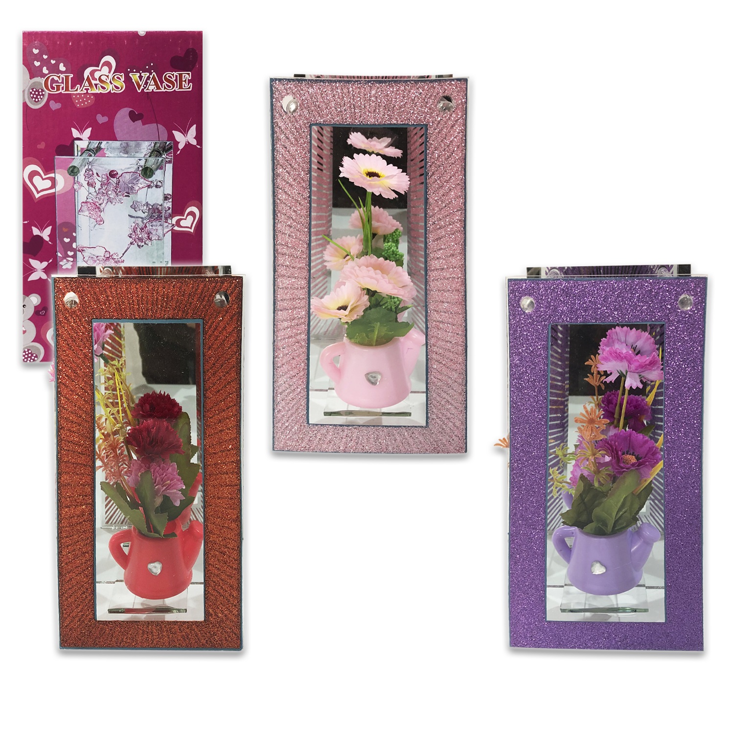 FLORES ARTIFICIALES CON TAZA EN VIDRIO DECORATIVO