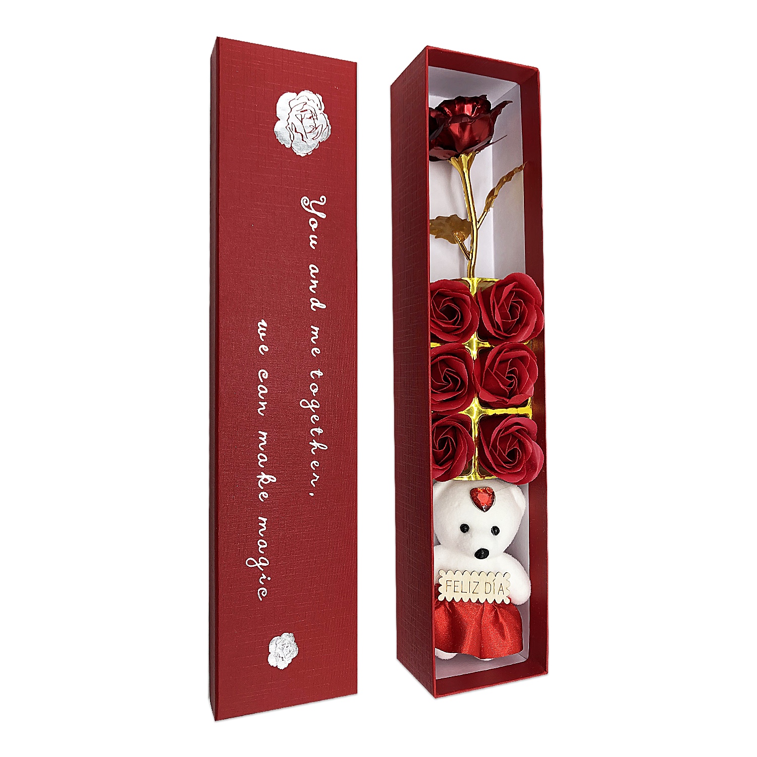 ROSAS CON OSO FELIZ DIA EN CAJA: