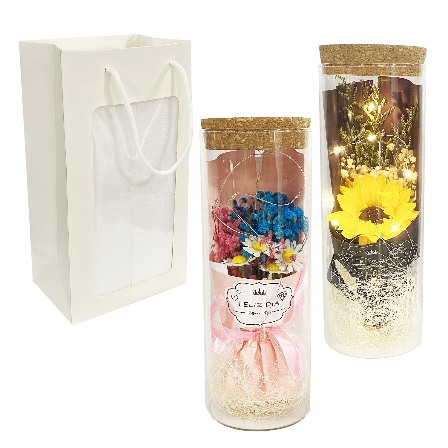 RAMO FLORES CON LUZ ENCAPSULADAS EN CRISTAL