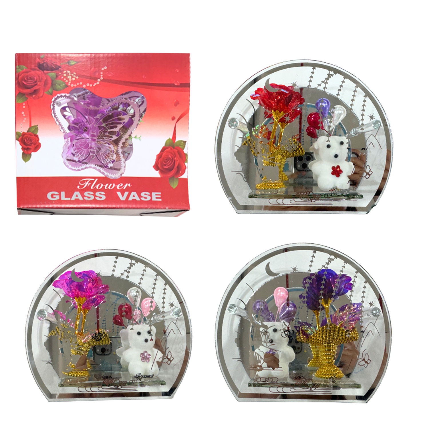 ROSA BRILLANTE CON OSO EN VIDRIO DECORATIVO