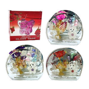 ROSA BRILLANTE CON OSO EN VIDRIO DECORATIVO