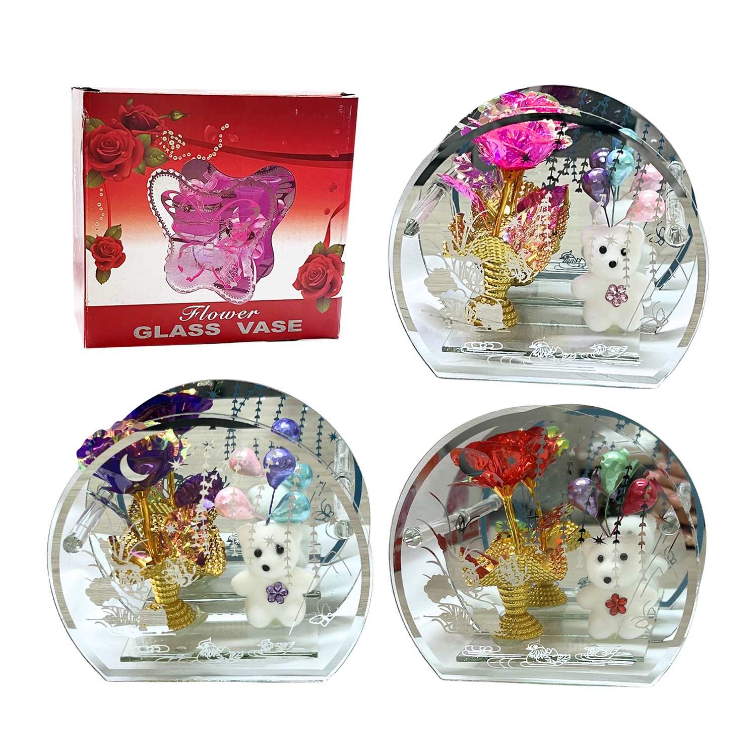 ROSA BRILLANTE CON OSO EN VIDRIO DECORATIVO