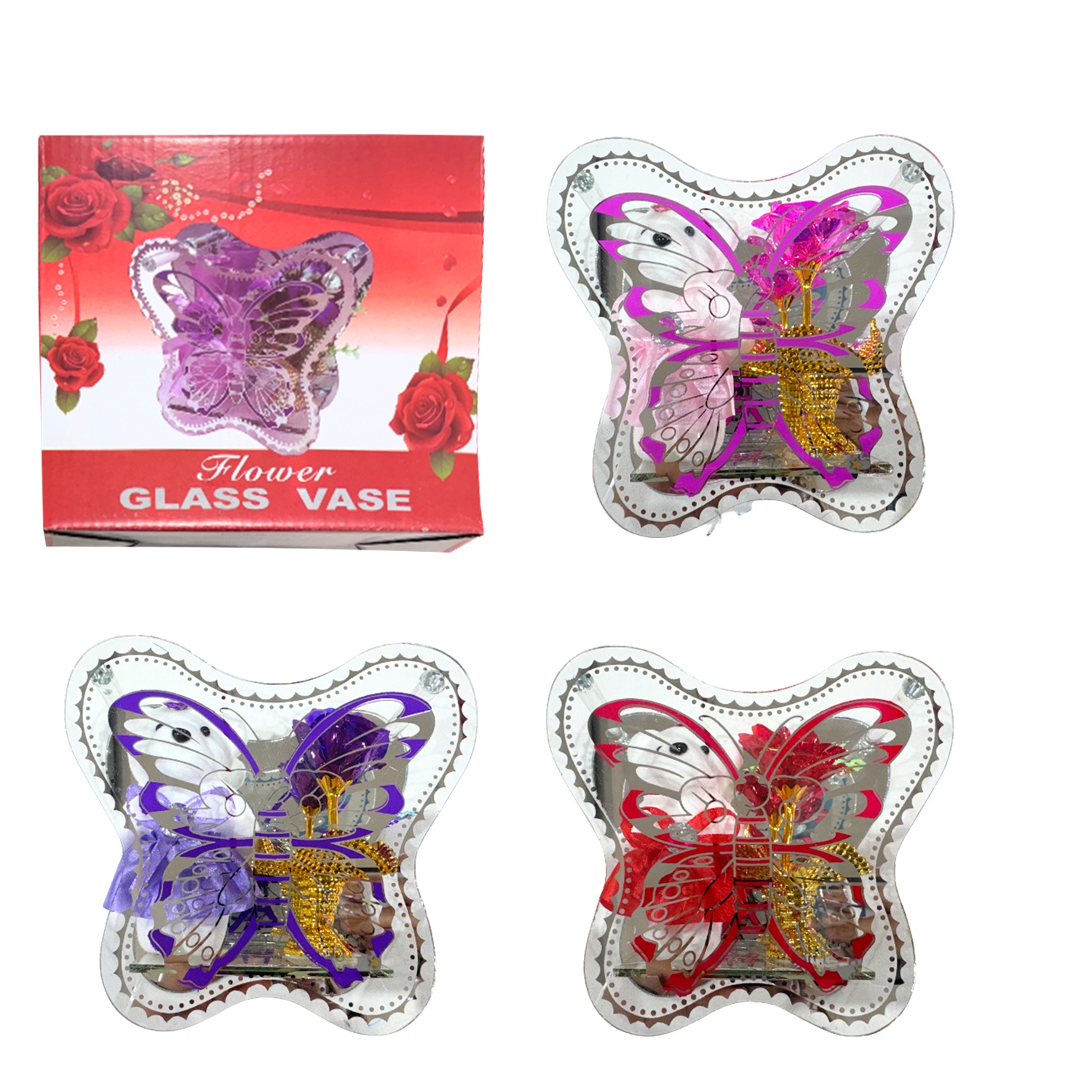 ROSA BRILLANTE CON OSO EN VIDRIO MARIPOSA