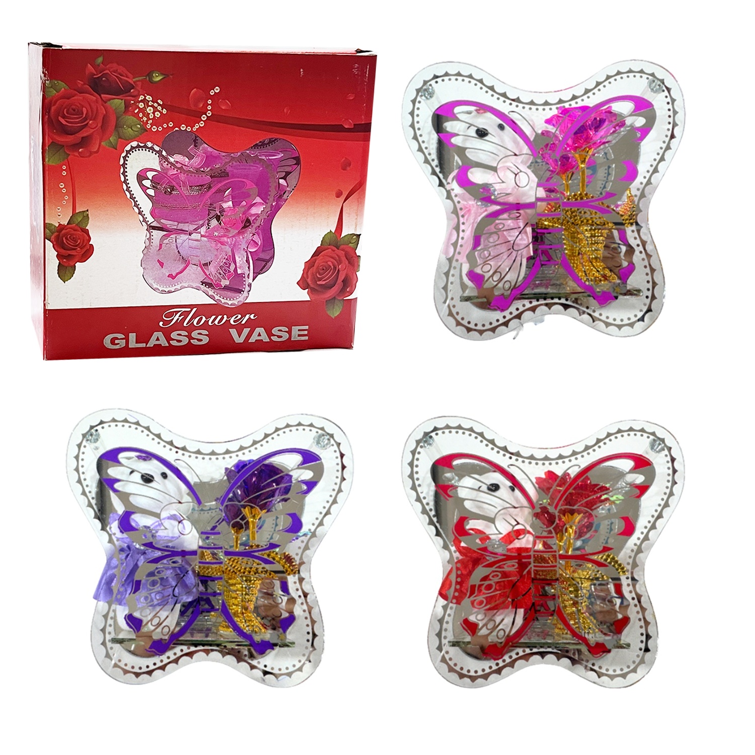 ROSA BRILLANTE CON OSO EN VIDRIO MARIPOSA
