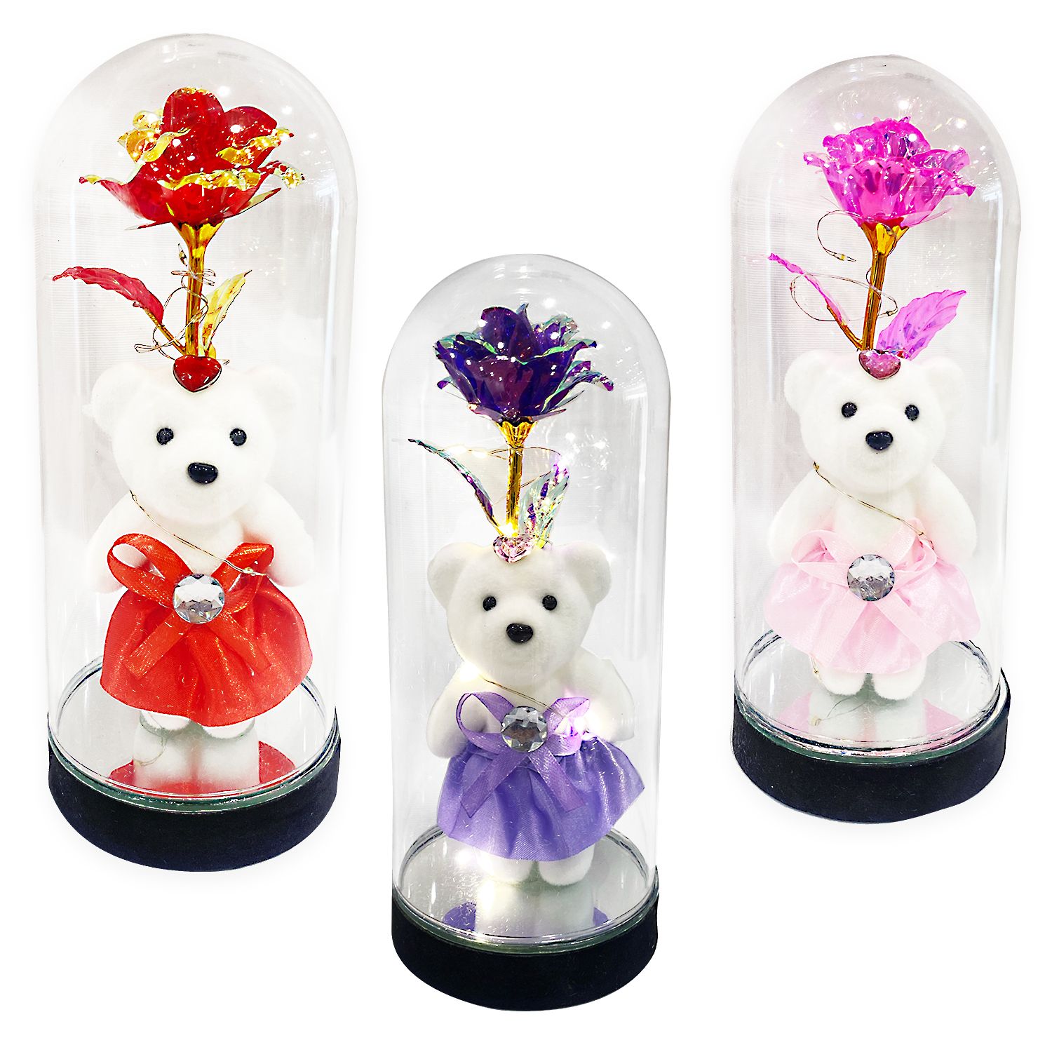 ROSA BRILLANTE CON OSO Y LUZ ENCAPSULADA