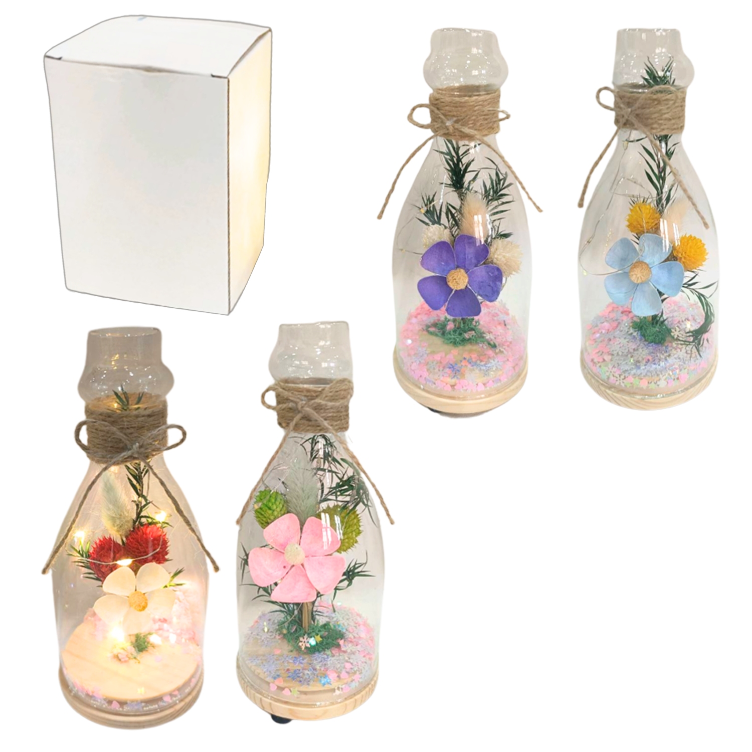 FLORES ARTIFICIALES CON LUZ EN BOTELLA DE VIDRIO