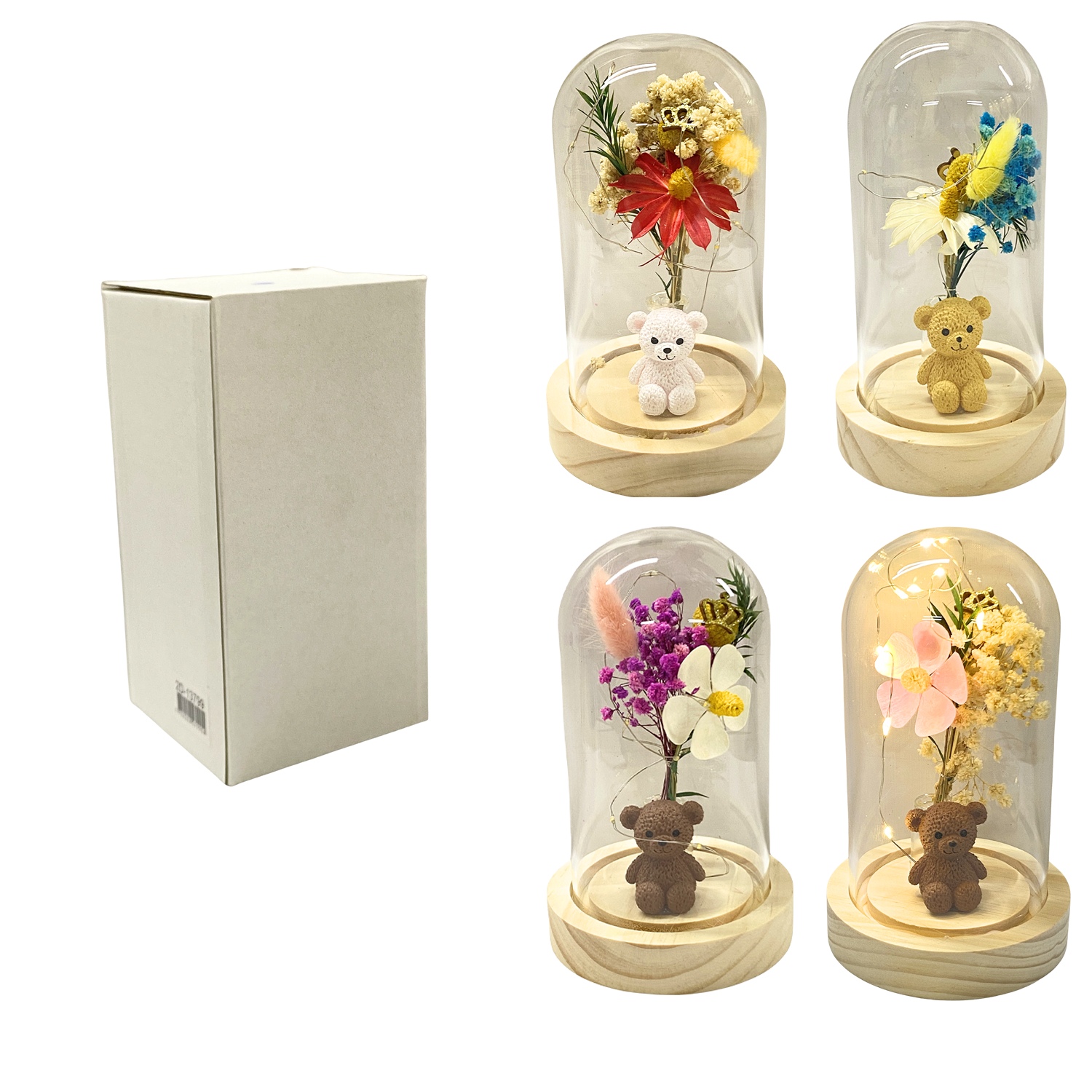 FLORES ARTIFICIALES CON LUNA Y LUZ ENCAPSULADAS EN VIDRIO (PILAS)