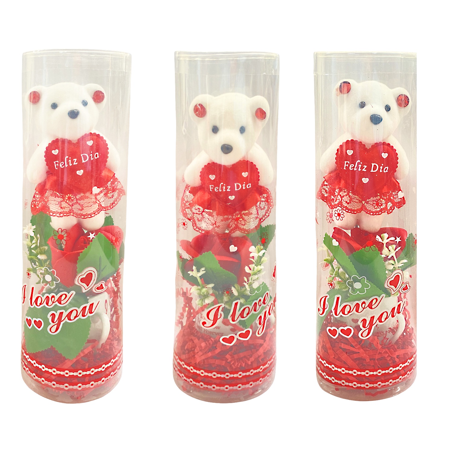 ROSA ARTIFICIAL CON VASO Y OSO EN ACETATO (CJX6)