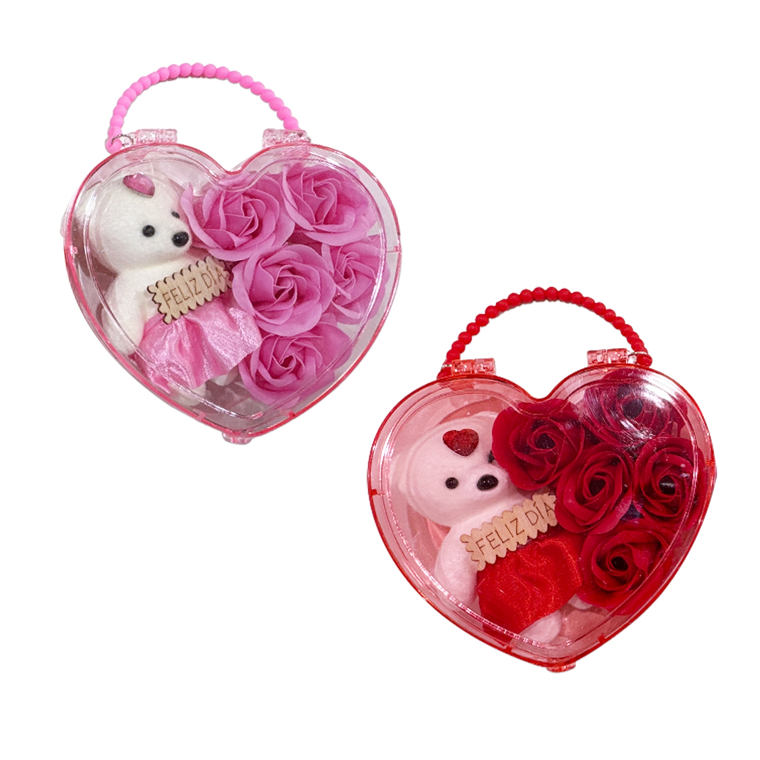 ROSAS ARTIFICIALES CON OSO EN CAJA CORAZON