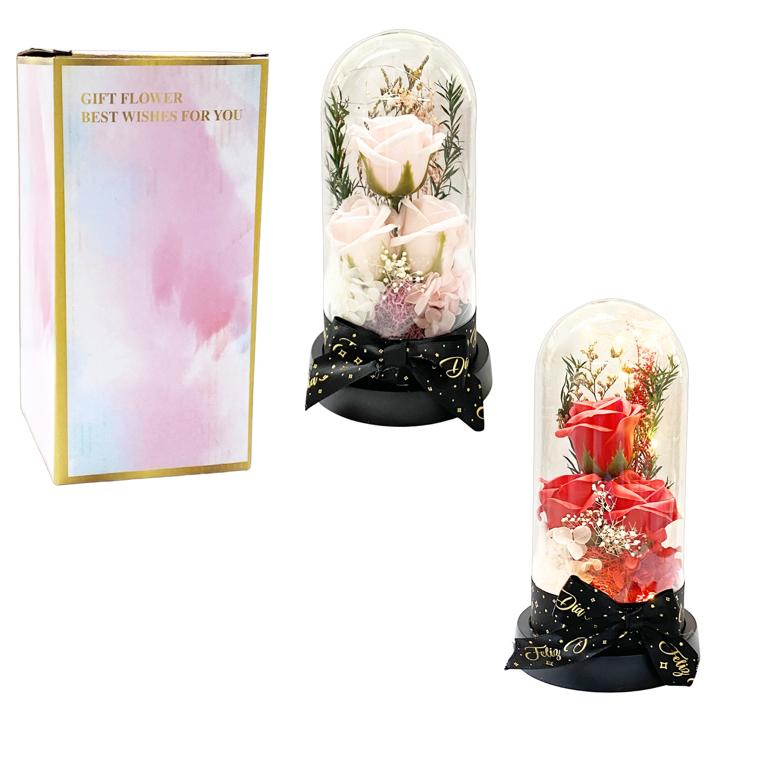 RAMO ROSAS ARTIFICIALES CON LUZ ENCAPSULADAS (PILAS)