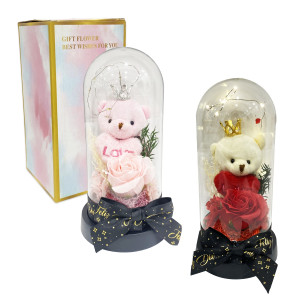 ROSA ARTIFICIAL CON OSO Y LUZ ENCAPSULADA (PILAS),
