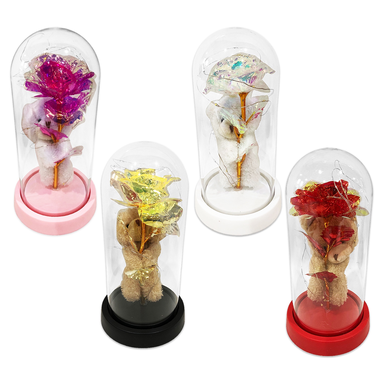 ROSA BRILLANTE CON OSO Y LUZ ENCAPSULADA (PILAS),