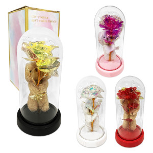 ROSA BRILLANTE CON OSO Y LUZ ENCAPSULADA (PILAS),