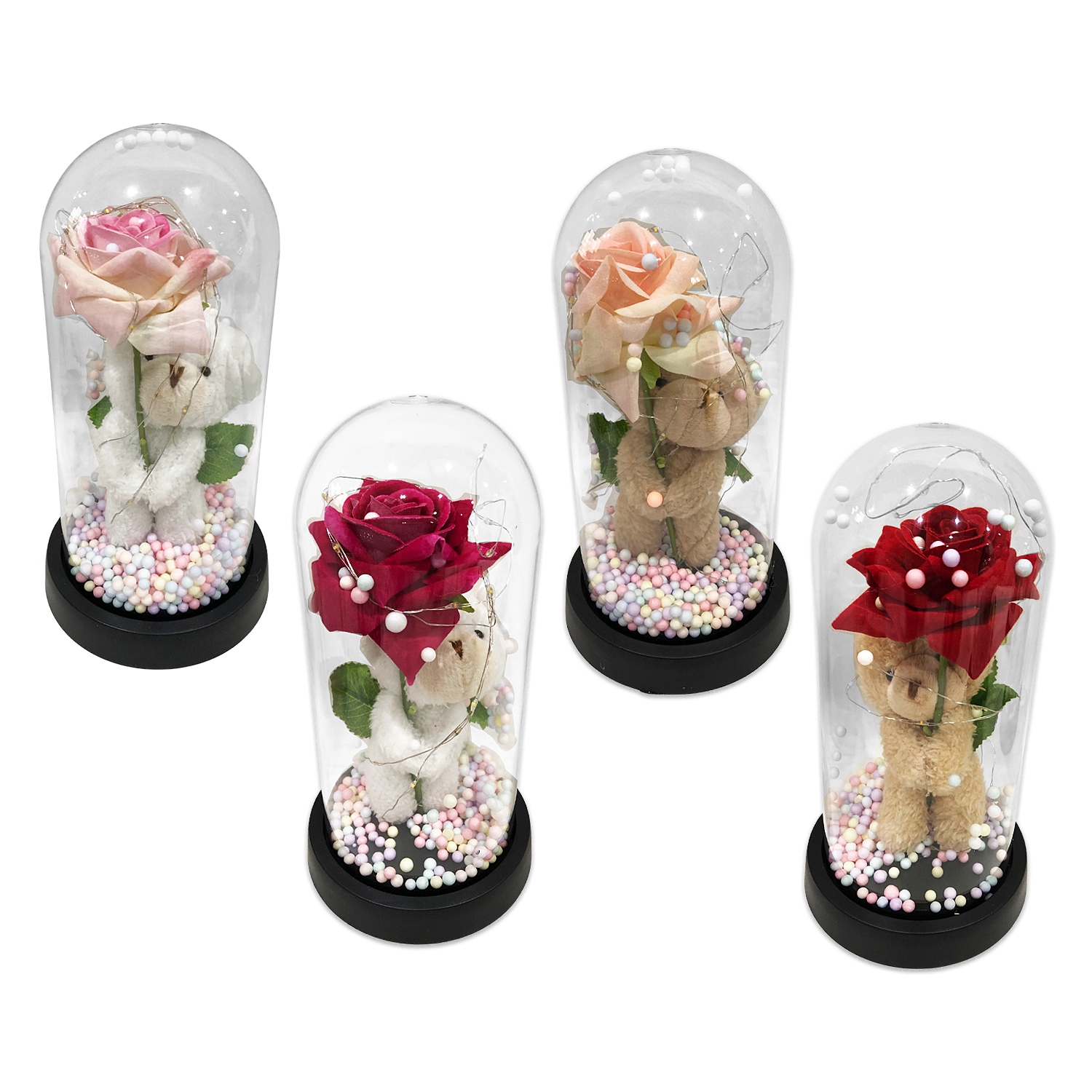 ROSA ARTIFICIAL CON OSO Y LUZ ENCAPSULADA (PILAS),