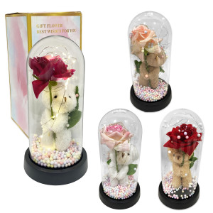 ROSA ARTIFICIAL CON OSO Y LUZ ENCAPSULADA (PILAS),