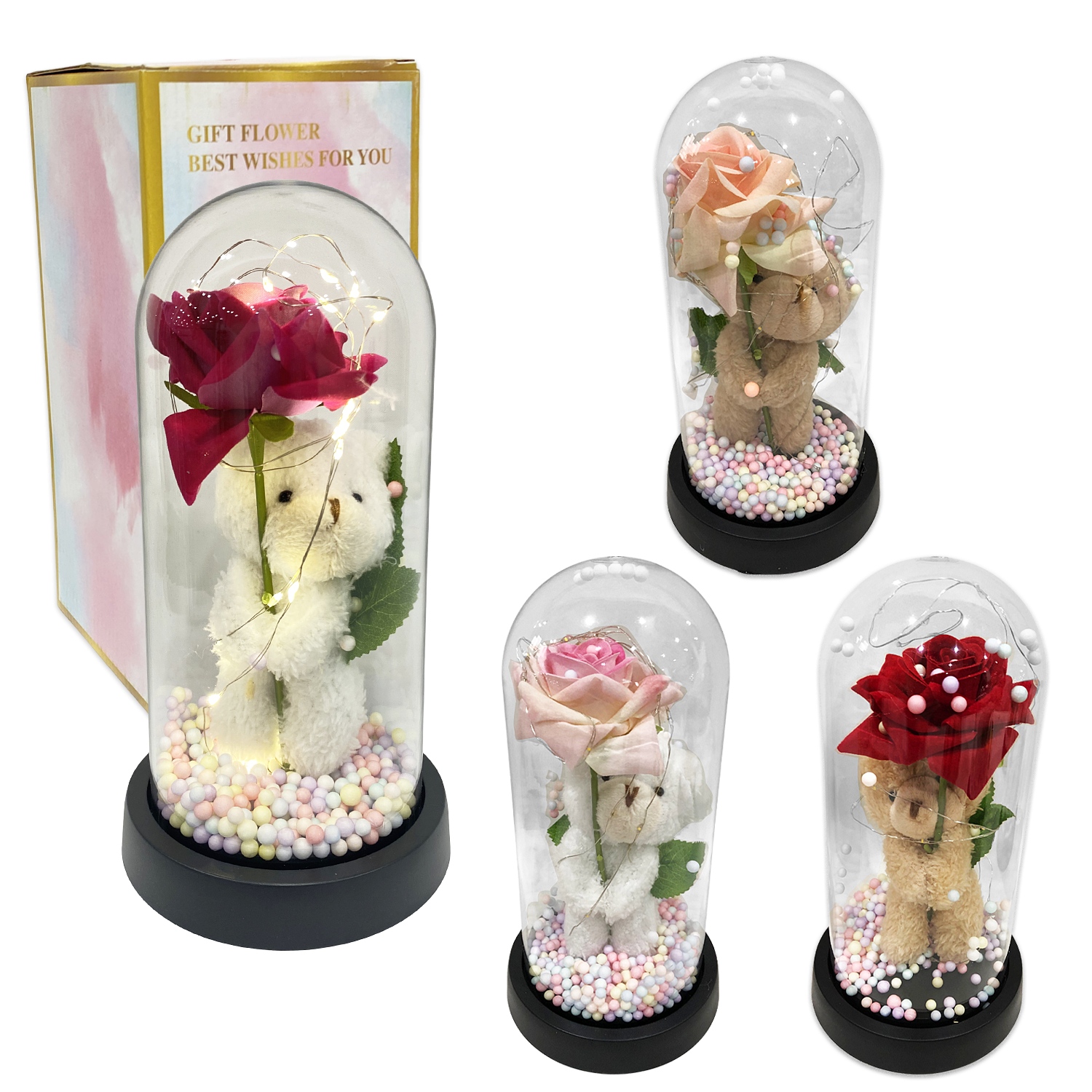 ROSA ARTIFICIAL CON OSO Y LUZ ENCAPSULADA (PILAS),