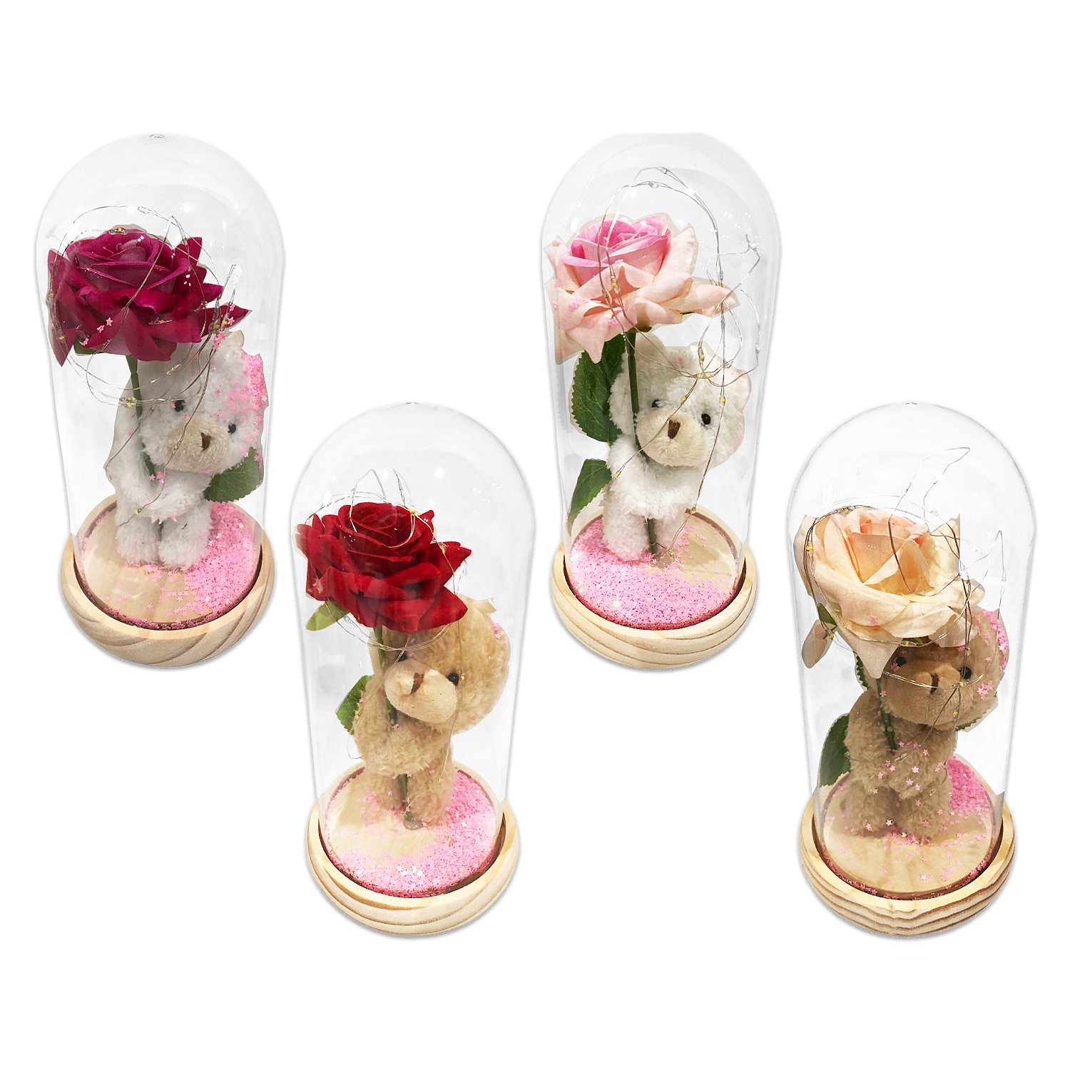 ROSA ARTIFICIAL CON OSO Y LUZ ENCAPSULADA (PILAS),