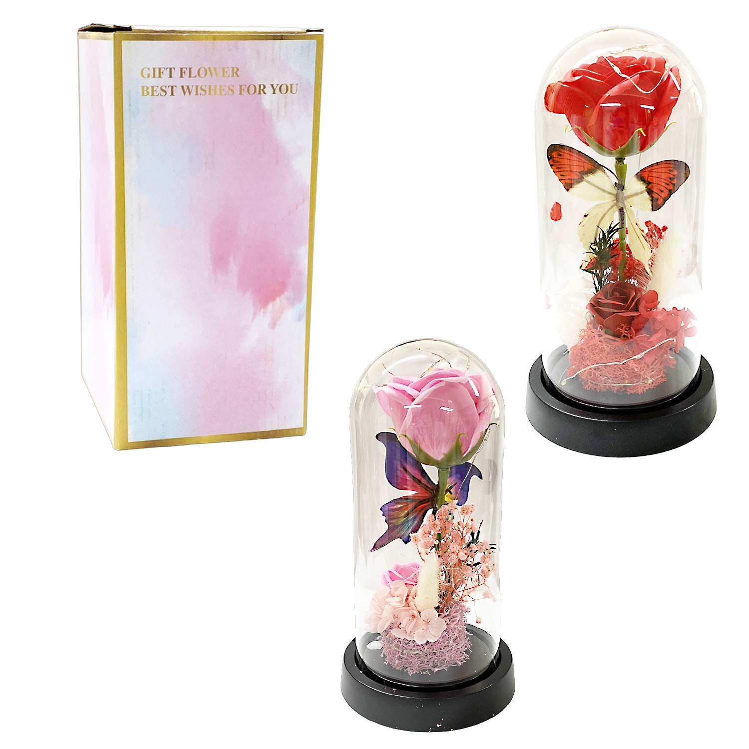 ROSA ARTIFICIAL Y MARIPOSA CON LUZ ENCAPSULADA (PILAS)