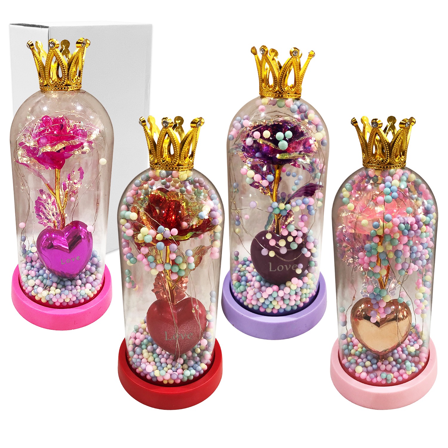 ROSA BRILLANTE CON CORAZON Y LUZ ENCAPSULADA,