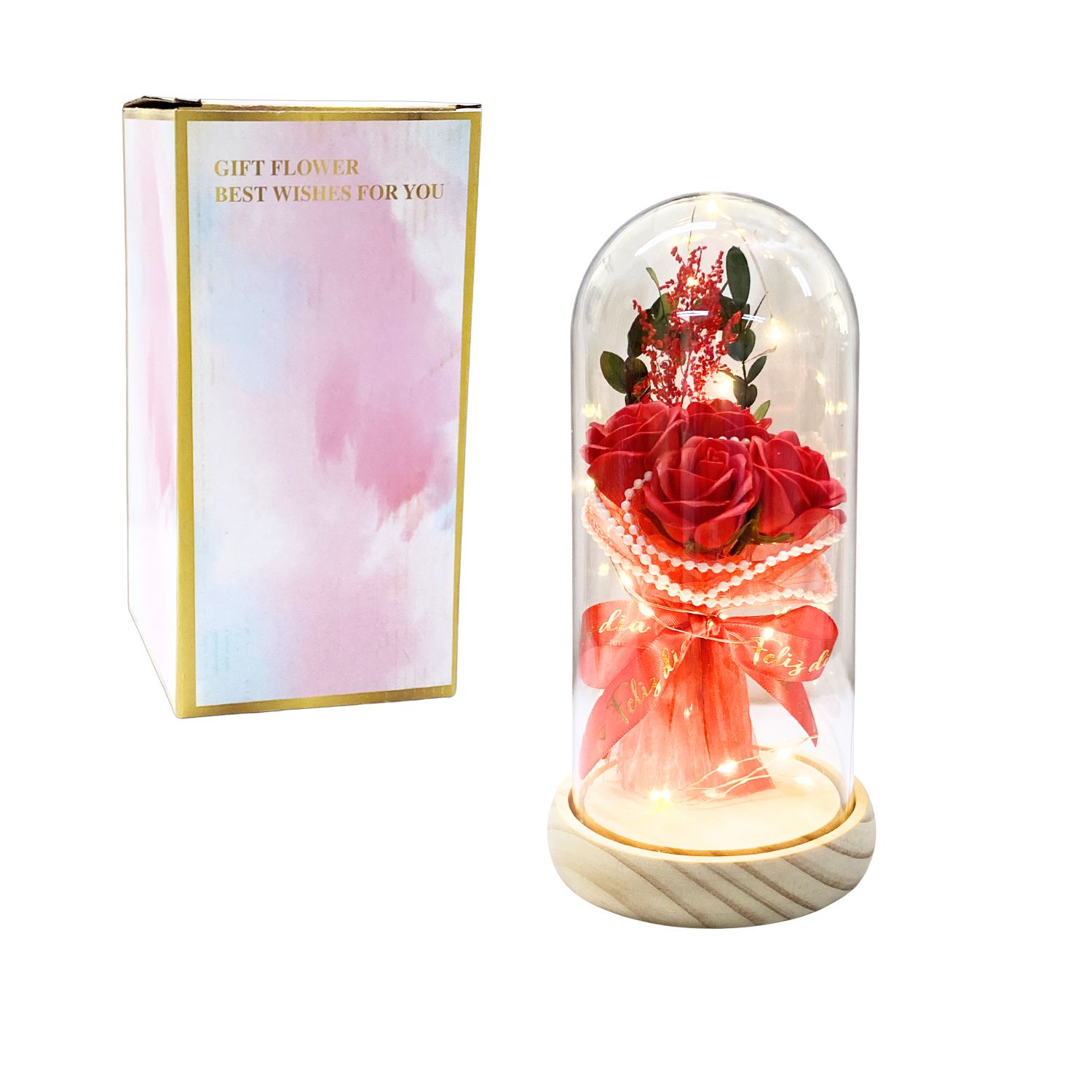 RAMO ROSAS ARTIFICIALES CON LUZ ENCAPSULADAS (PILAS)