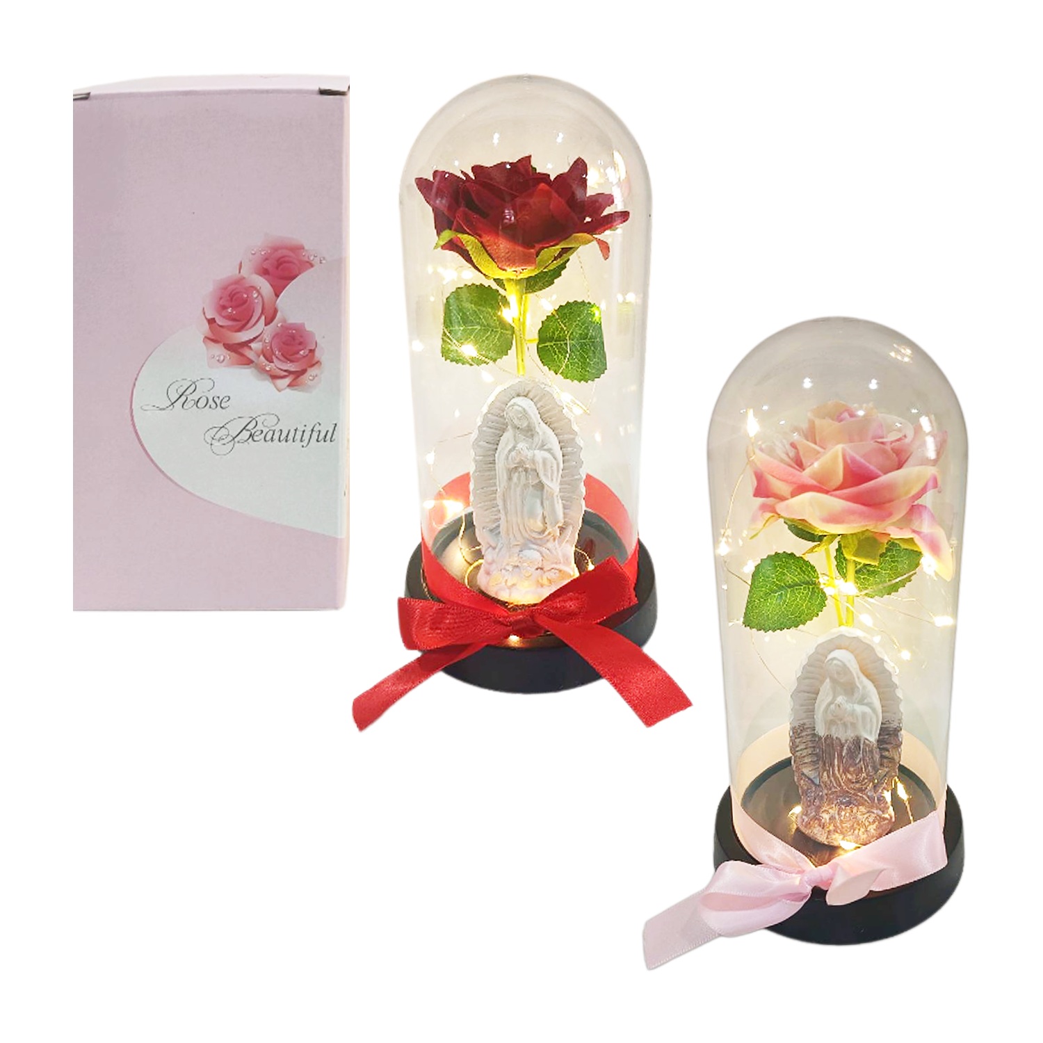 ROSA ARTIFICIAL CON FIGURA RELIGIOSA Y LUZ ENCAPSULADA