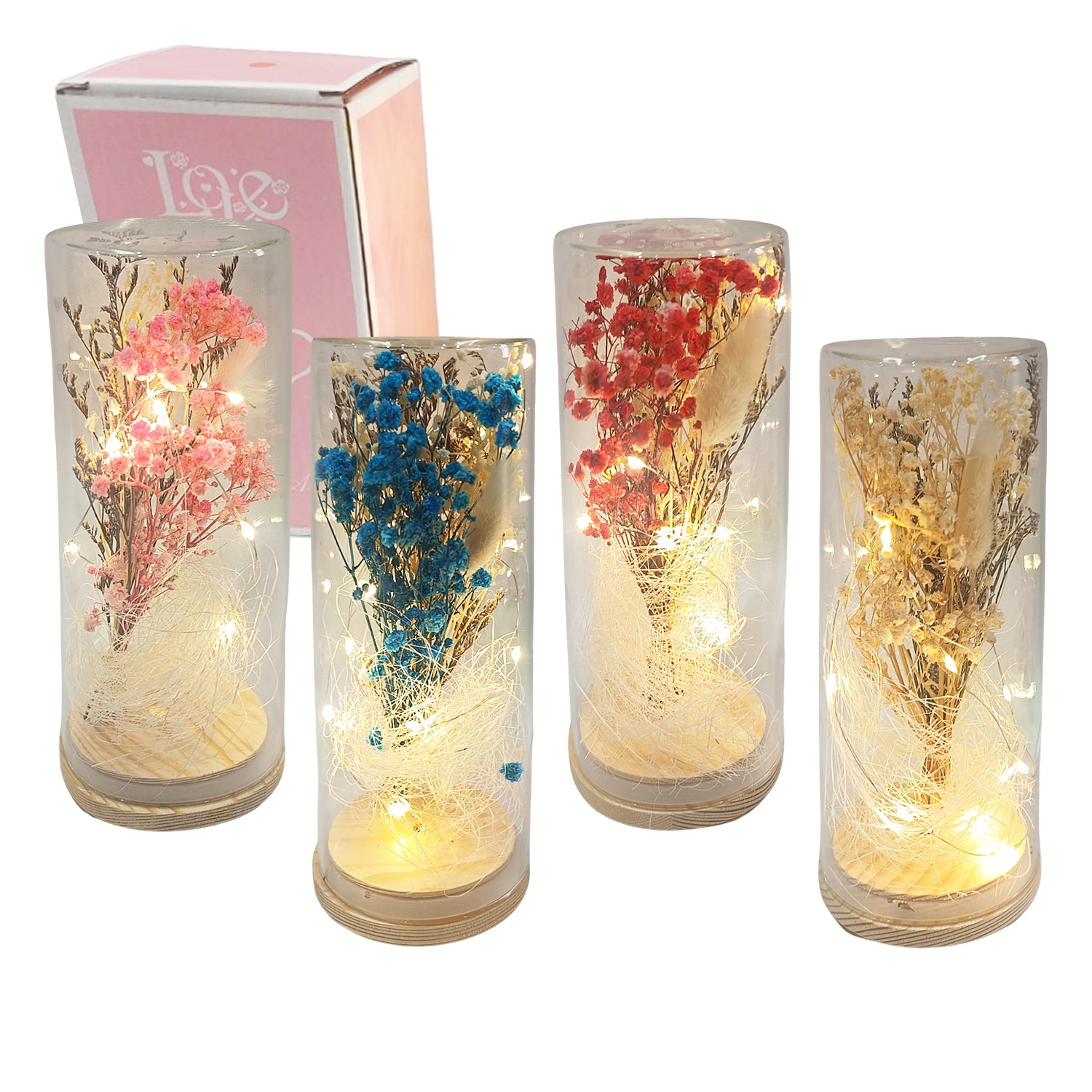 FLORES ARTIFICIALES CON LUZ ENCAPSULADAS EN VIDRIO