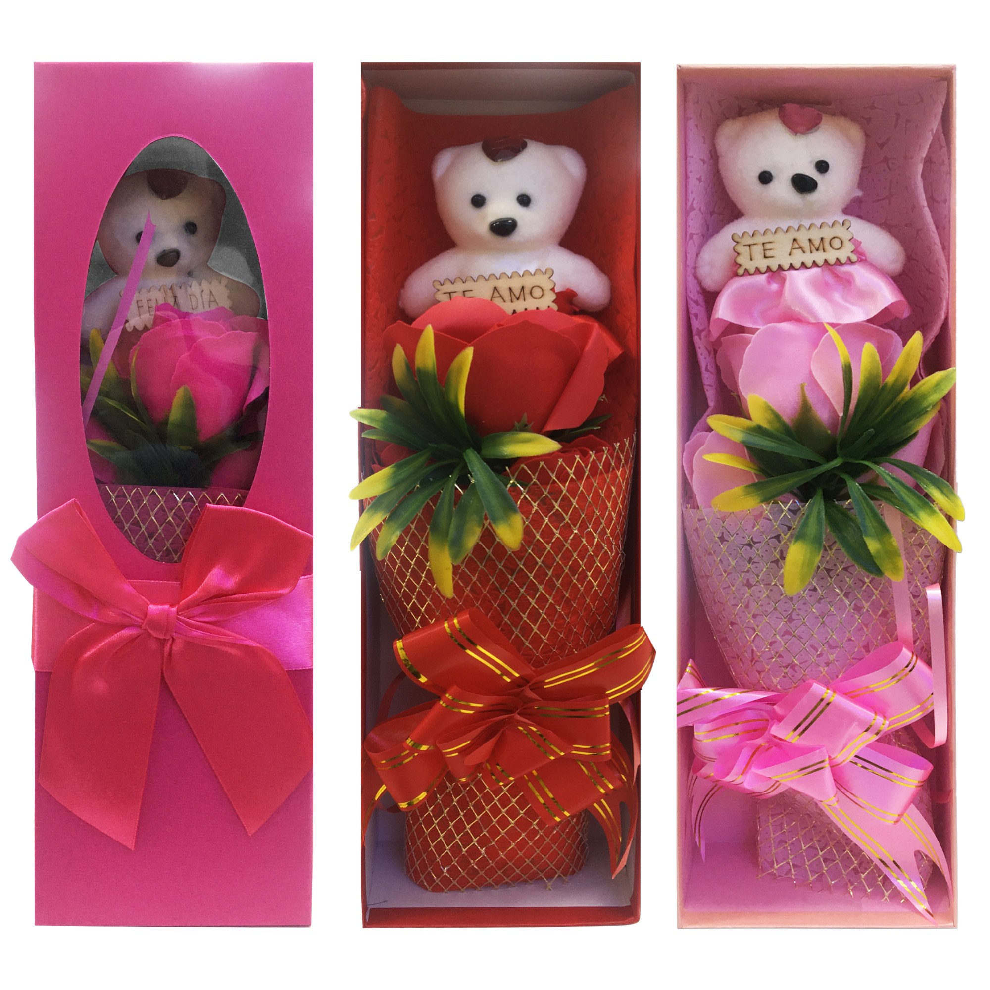 RAMO ROSAS CON OSO FELIZ DIA EN CAJA: