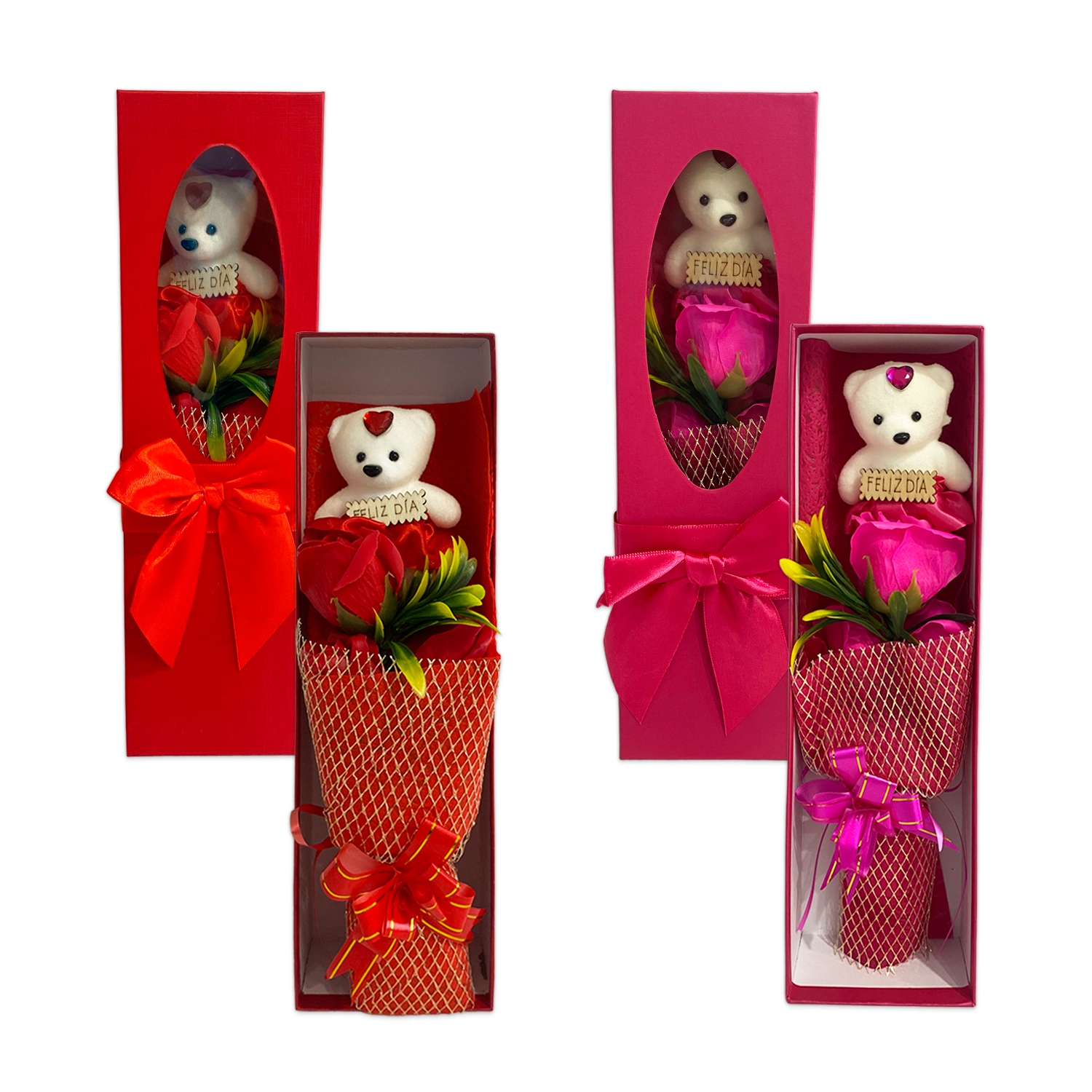 RAMO ROSAS CON OSO FELIZ DIA EN CAJA: