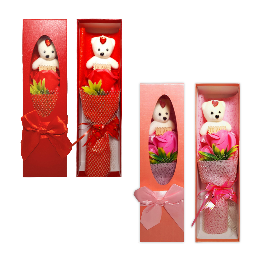 RAMO ROSAS CON OSO FELIZ DIA EN CAJA: