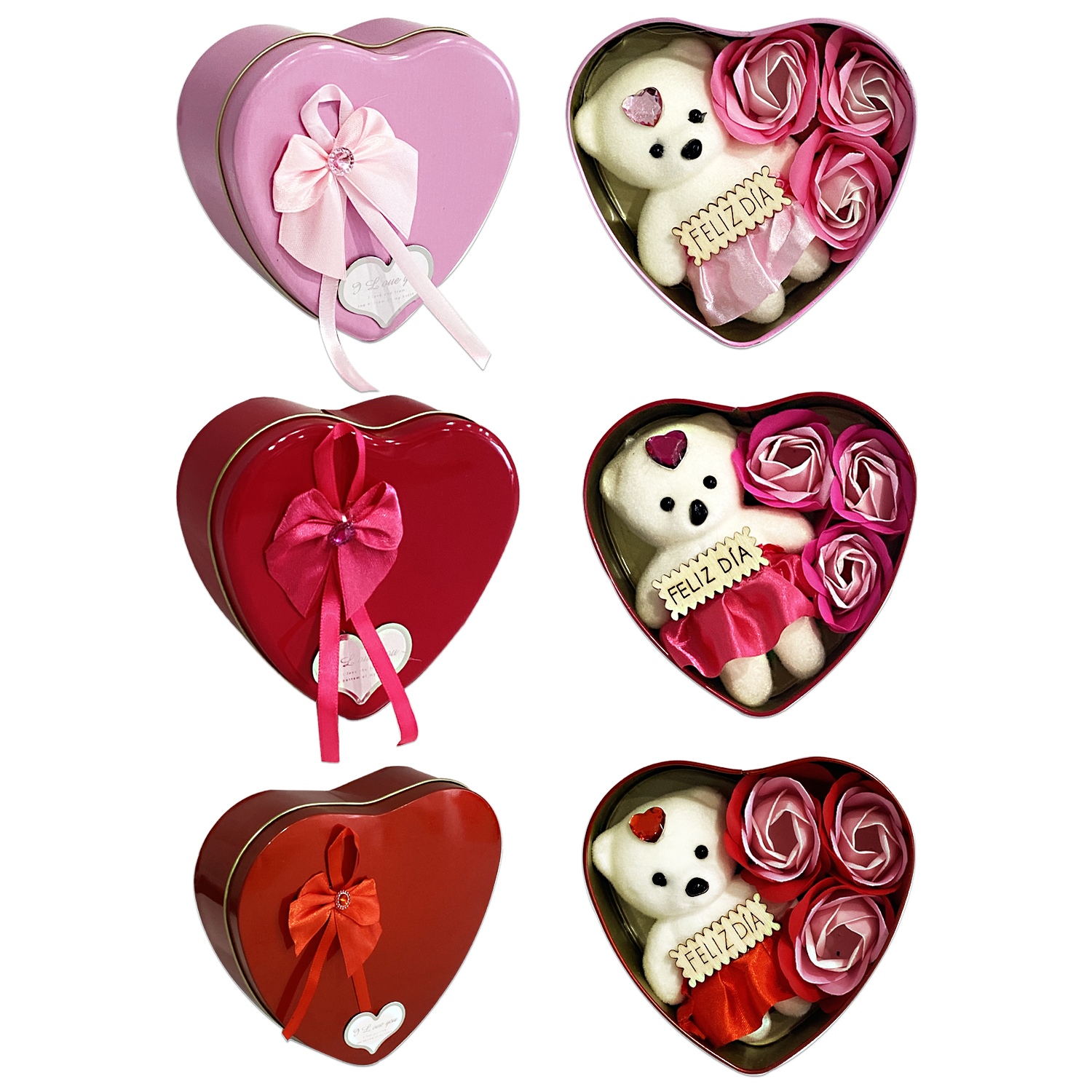 ROSAS ARTIFICIALES CON OSO EN CAJA CORAZON METALICA,