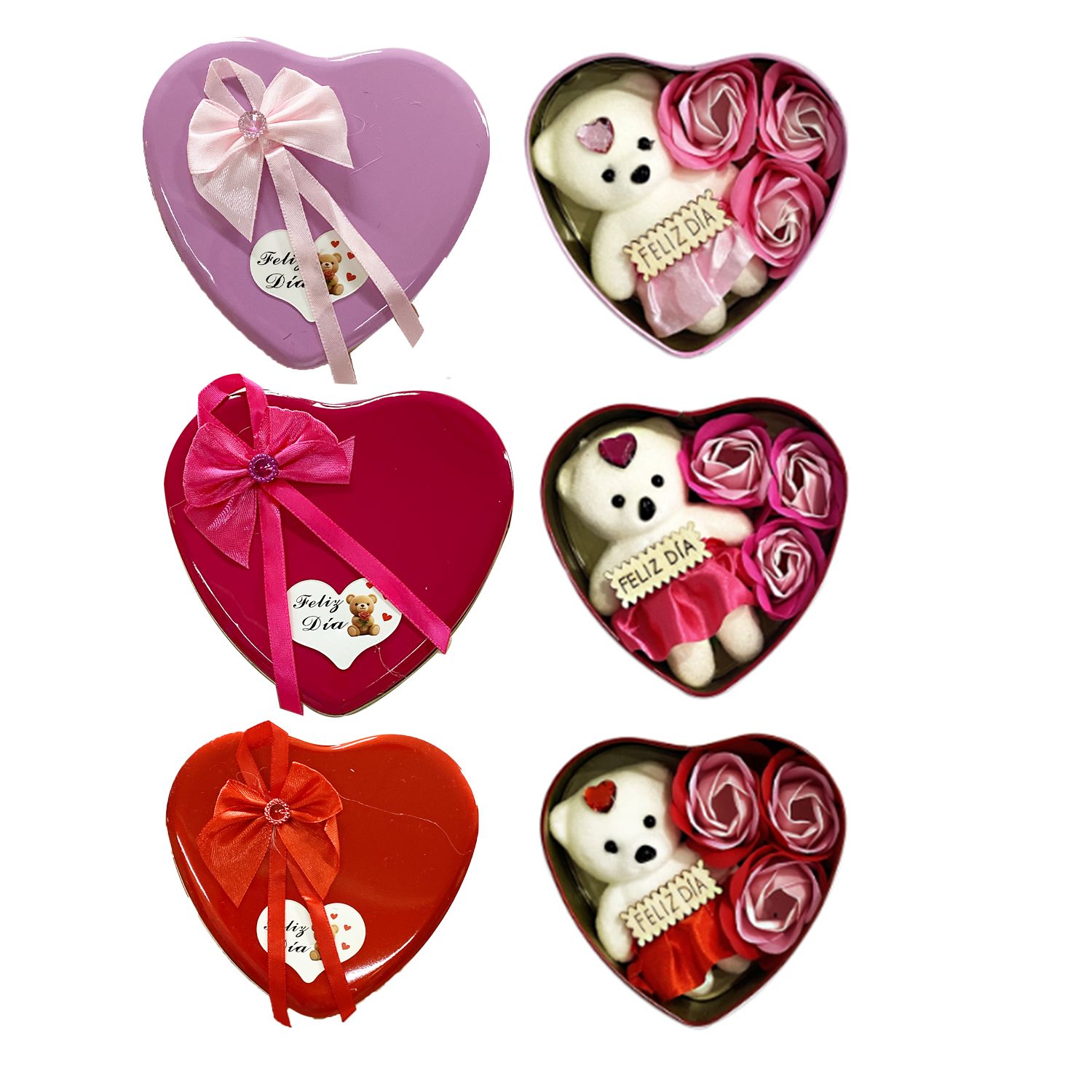 ROSAS ARTIFICIALES CON OSO EN CAJA CORAZON METALICA,