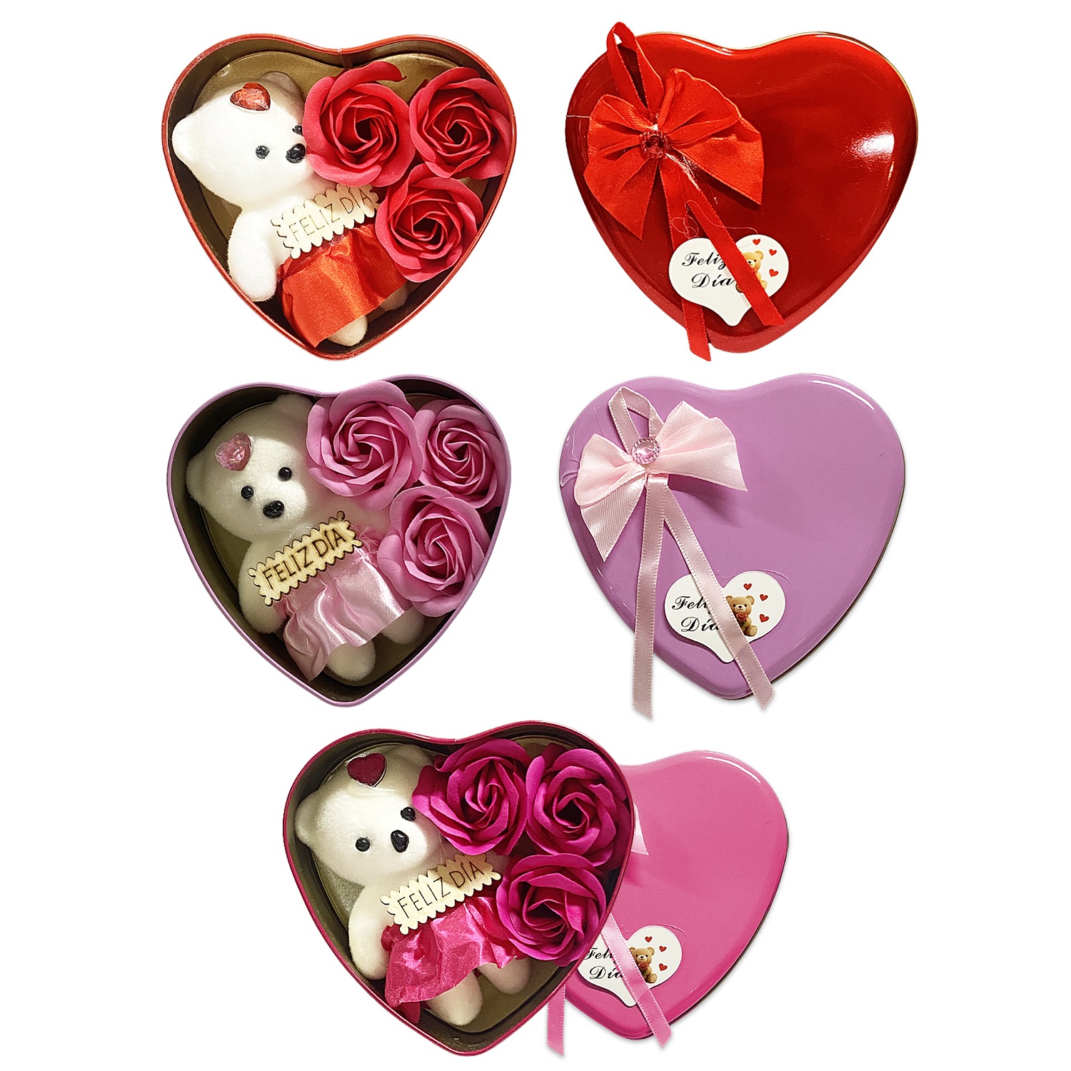 ROSAS ARTIFICIALES CON OSO EN CAJA CORAZON METALICA,