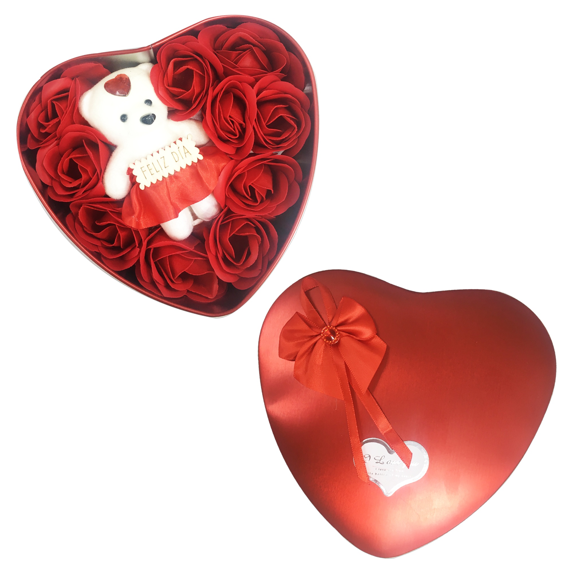 ROSAS CON OSO FELIZ DIA EN CAJA CORAZON METALICA: