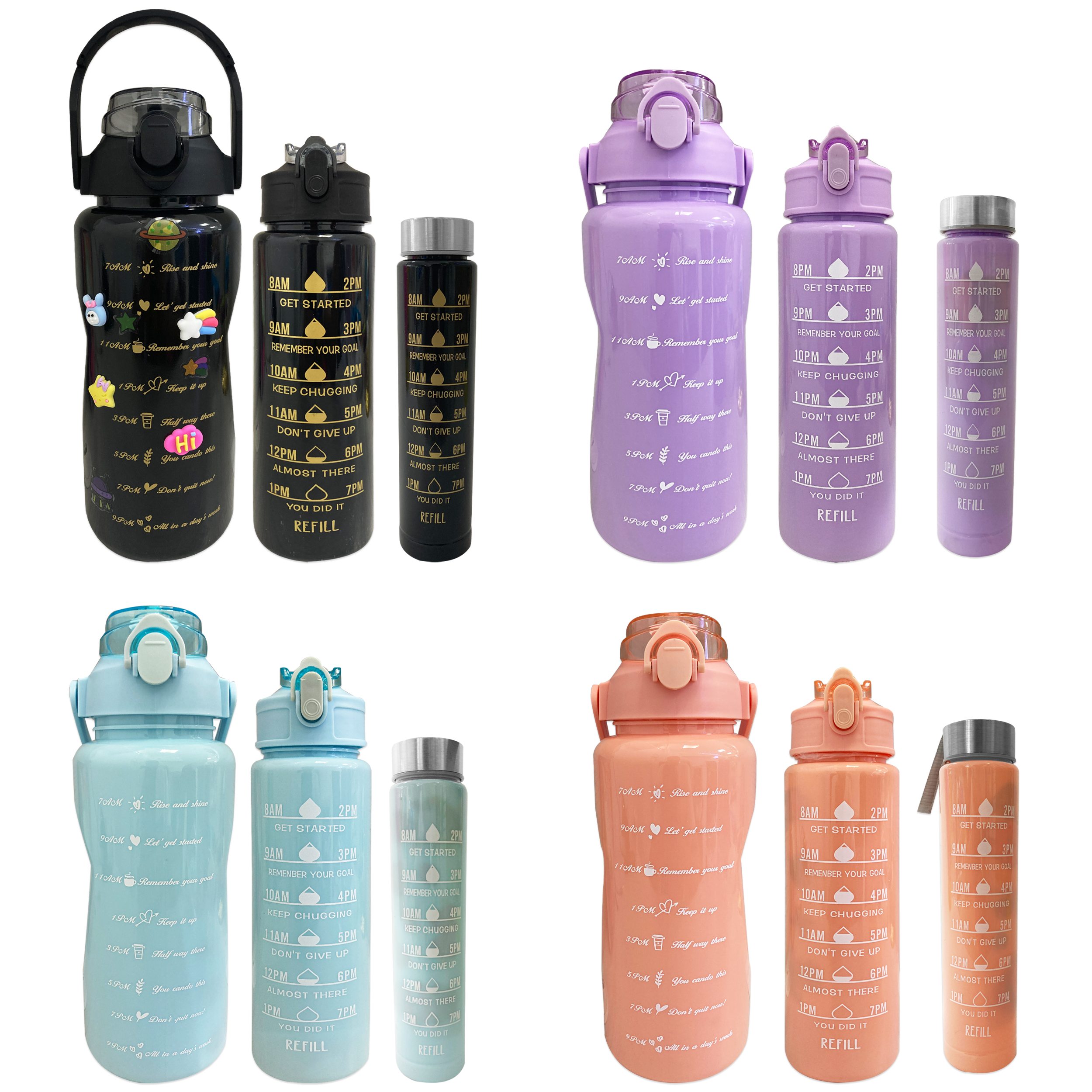 TERMO MOTIVACIONAL X3 CON PINES Y STICKER 2000ML-900ML-300ML