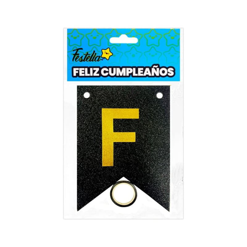 BANDERIN FELIZ CUMPLEAÑOS ESCARCHADO NEGRO (PQTX12)