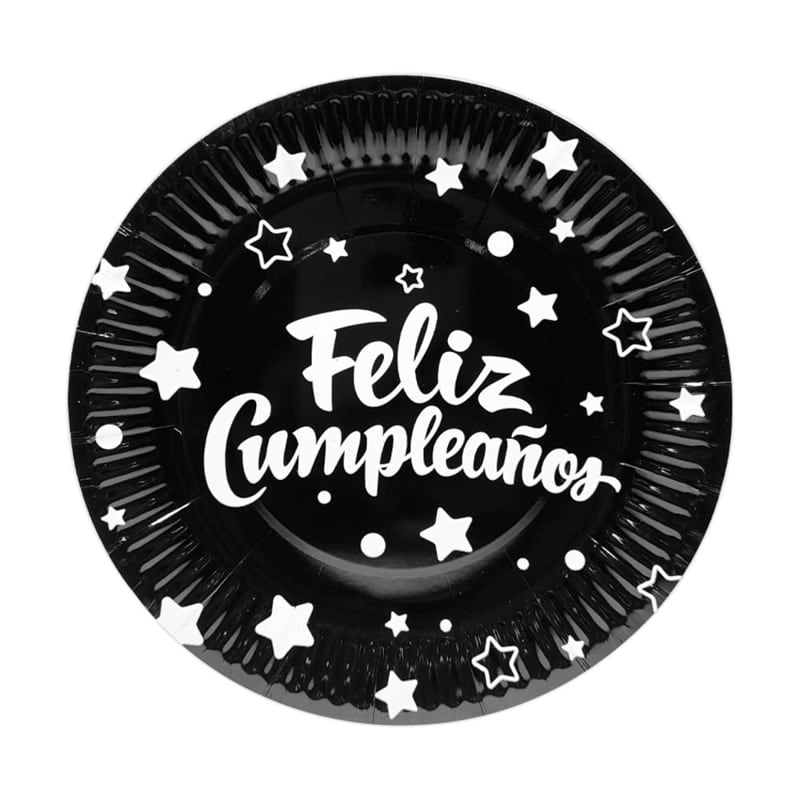 PLATO DE FIESTA FELIZ CUMPLEAÑOS X10 NEGRO