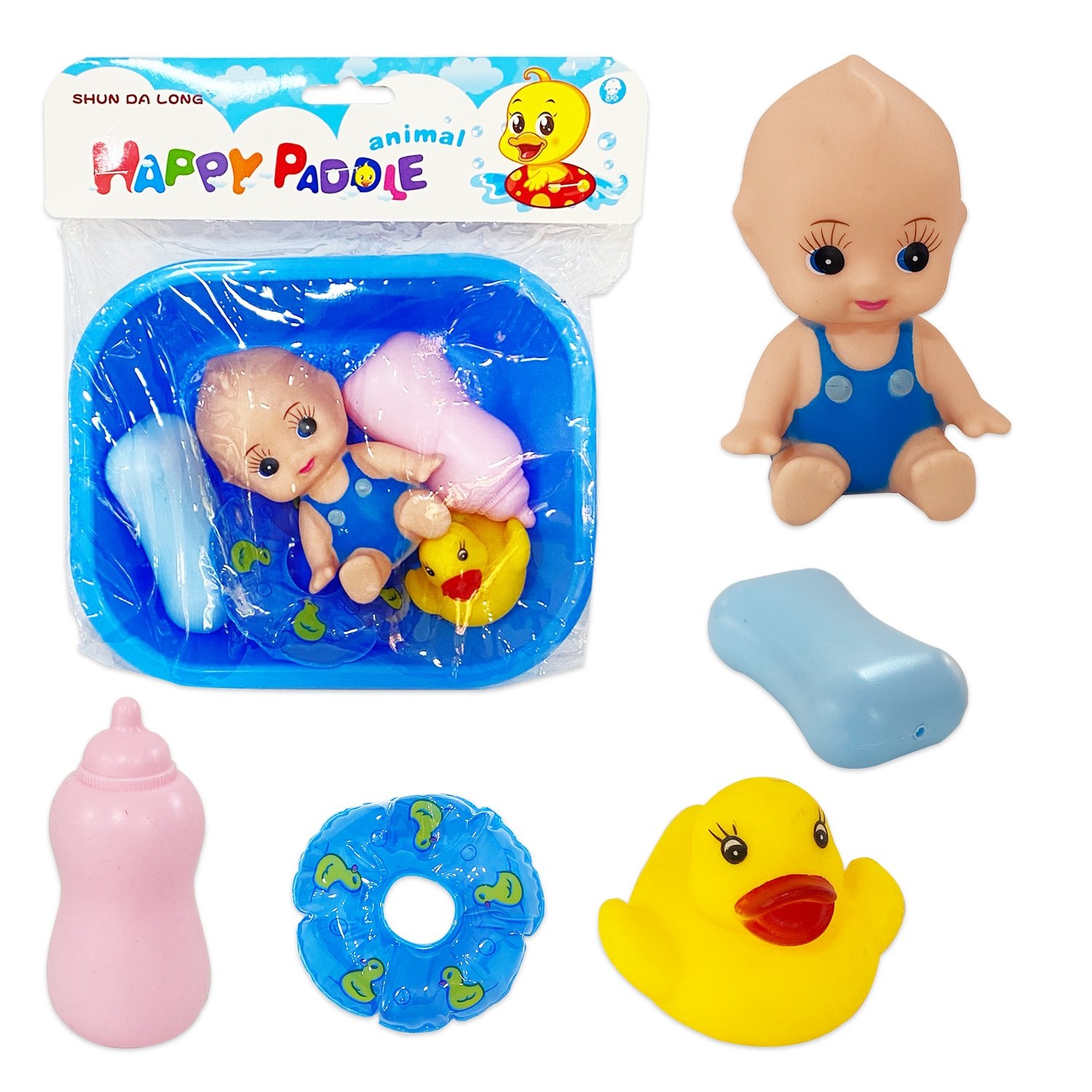 BAÑERA CON BEBE Y ACCESORIOS EN BOLSA