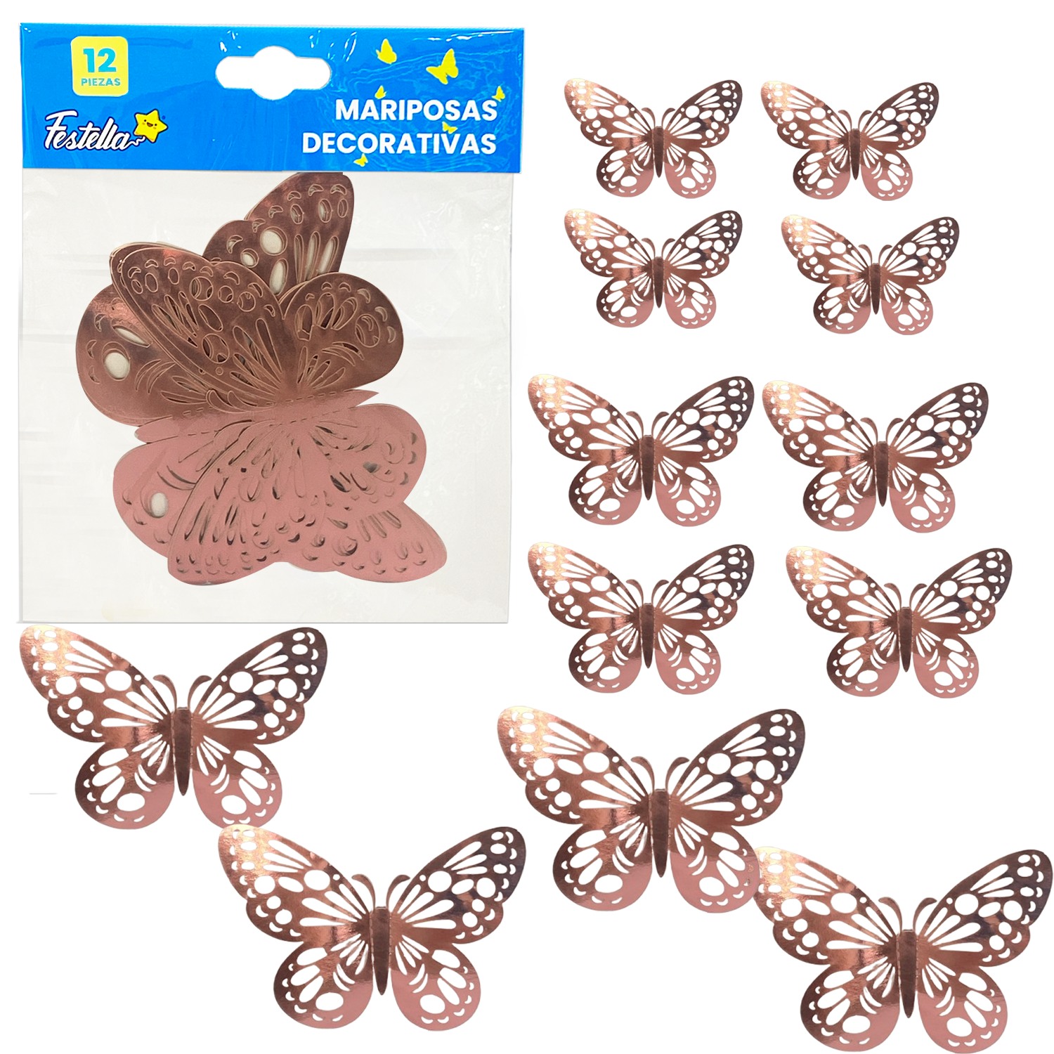 MARIPOSA DECORATIVA PALO ROSA X12 (PQTX12)