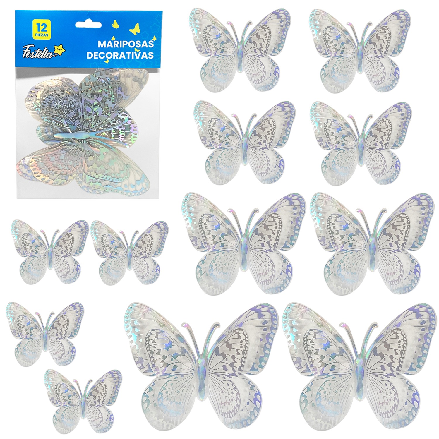 MARIPOSA DECORATIVA PLATEADA X12 (PQTX12)